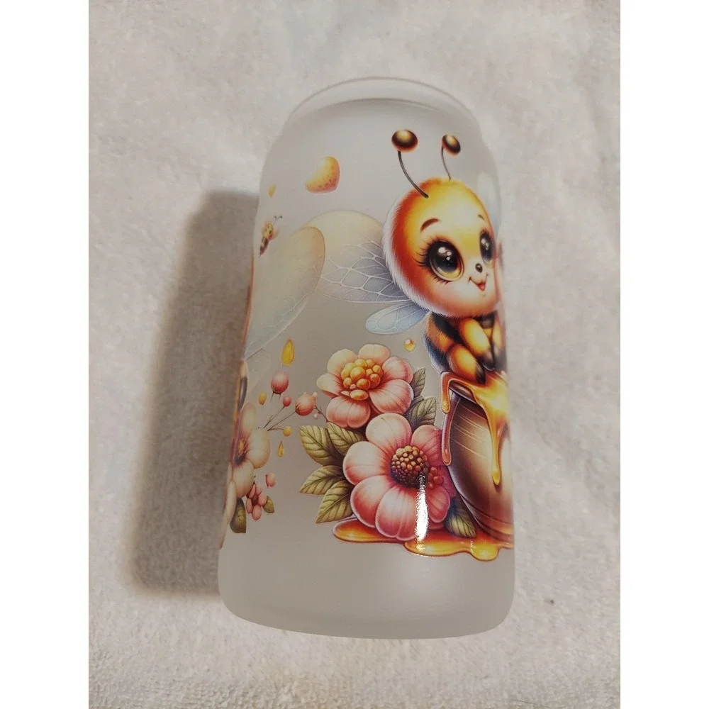 Bee Honey Pot Frosted Glass Tumbler Cup Bamboo‎ Lid Straw and Brush Included